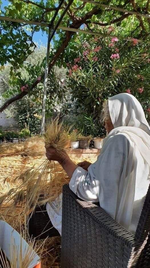 أم علي في سلفيت تحضر القش وتصنع منه الأواني اليدوية.